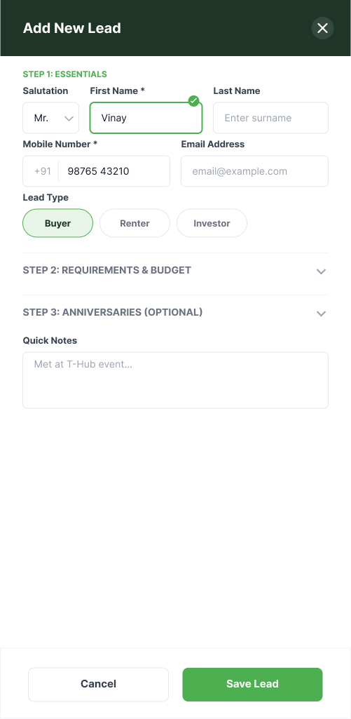 RiVirtual Add Lead form